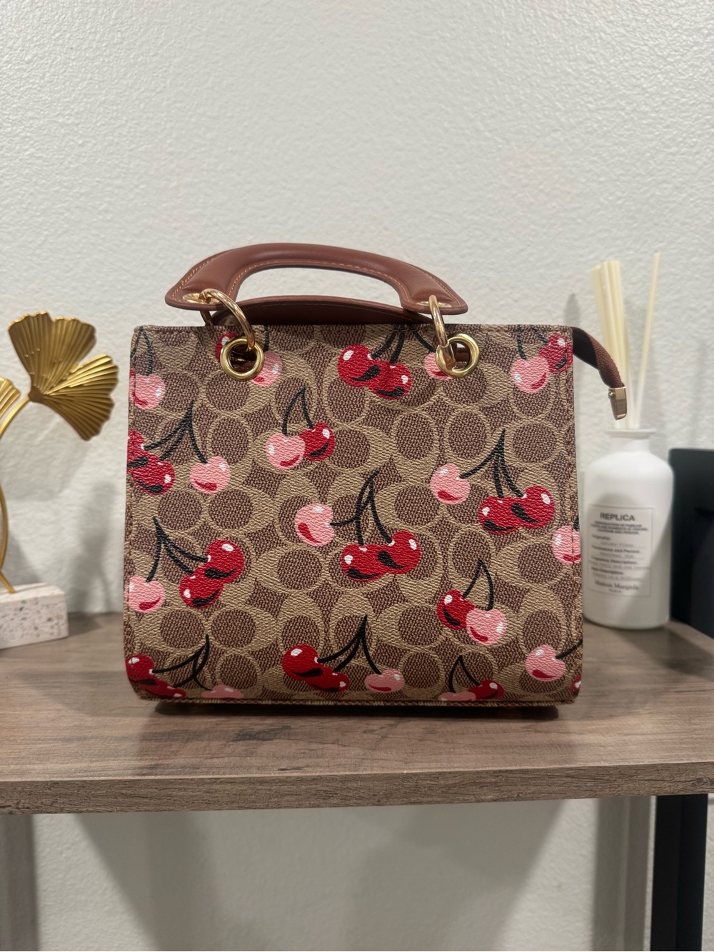 Cherry-Print Structured Top-Handle Satchel in Brown and Red